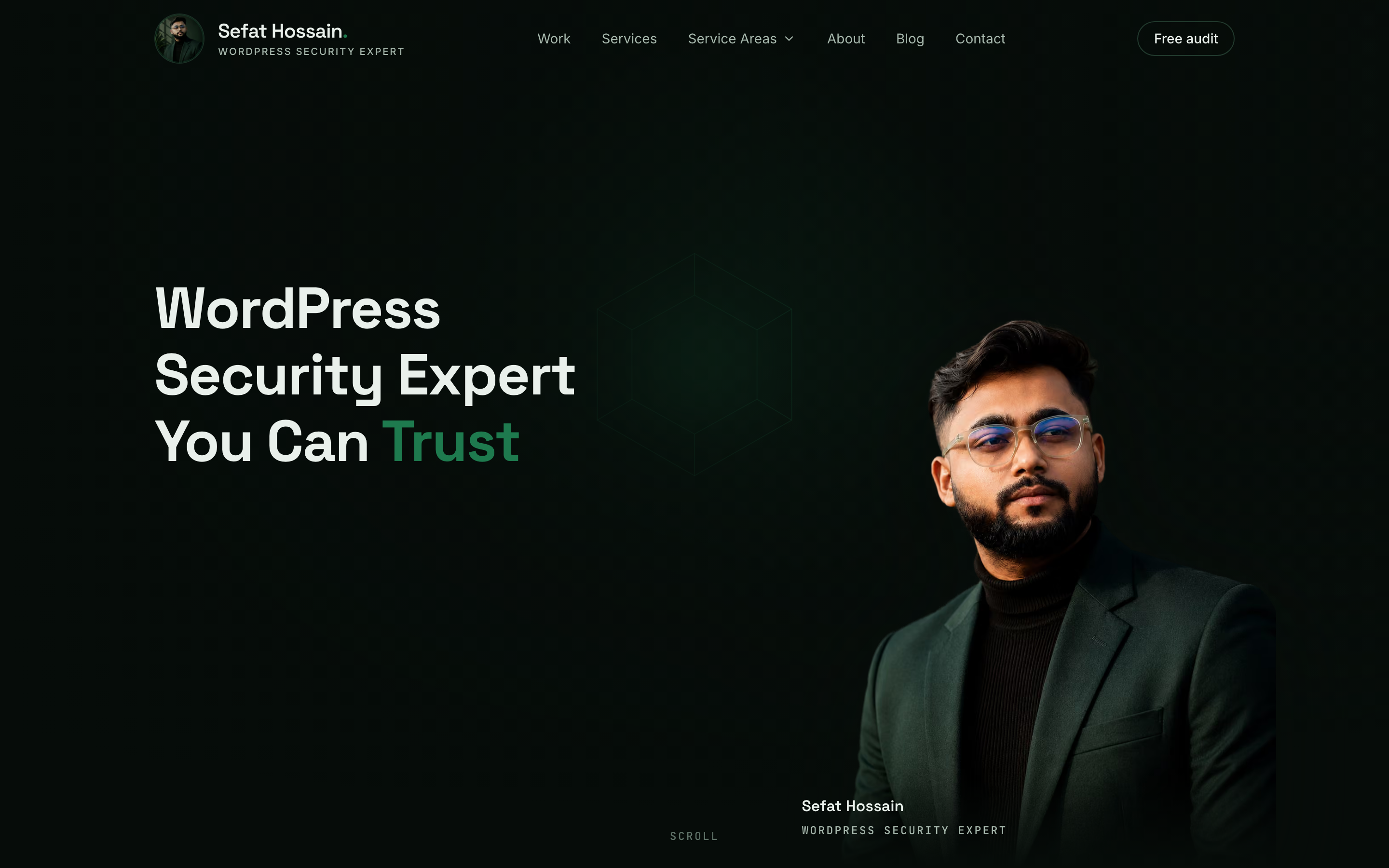 Sefat Hossain personal brand site — dark homepage with a portrait